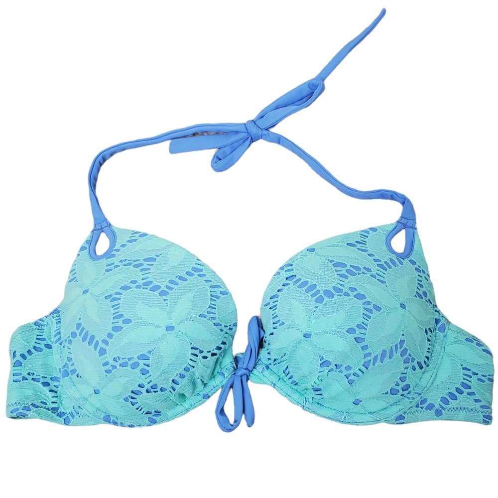 Victoria's Secret Gorgeous Aqua Blue Crochet Lace Halter Bikini Top